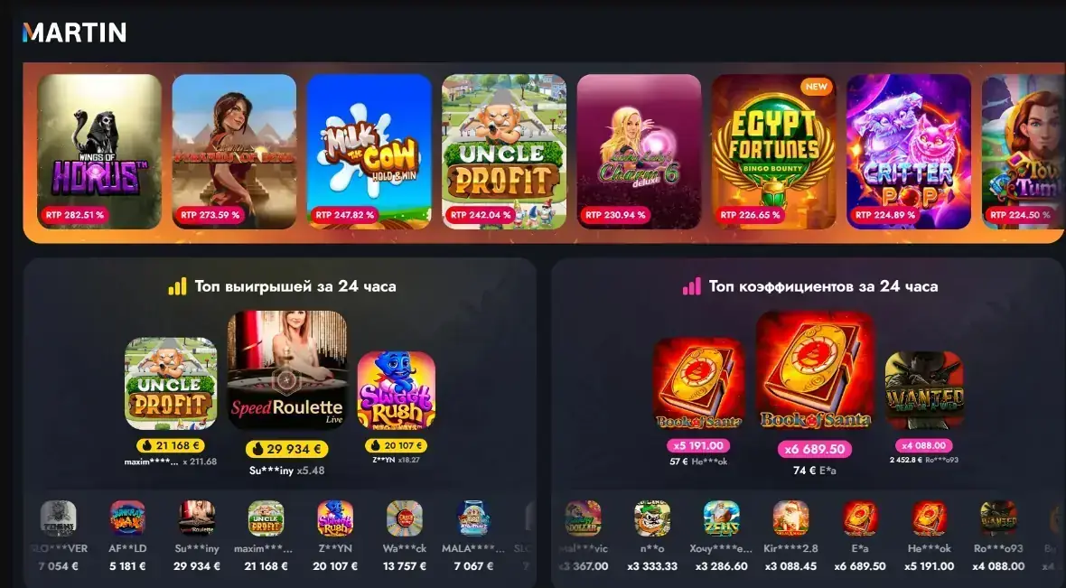 Топ выигрышей и коэффициентов за 24 часа на главной Martin