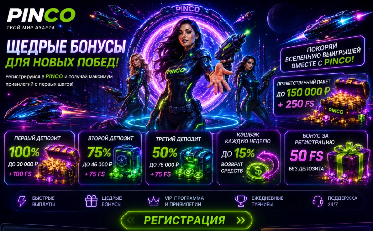Приветственный пакет Pinco до 150 000 рублей на три депозита и 50 фриспинов за регистрацию