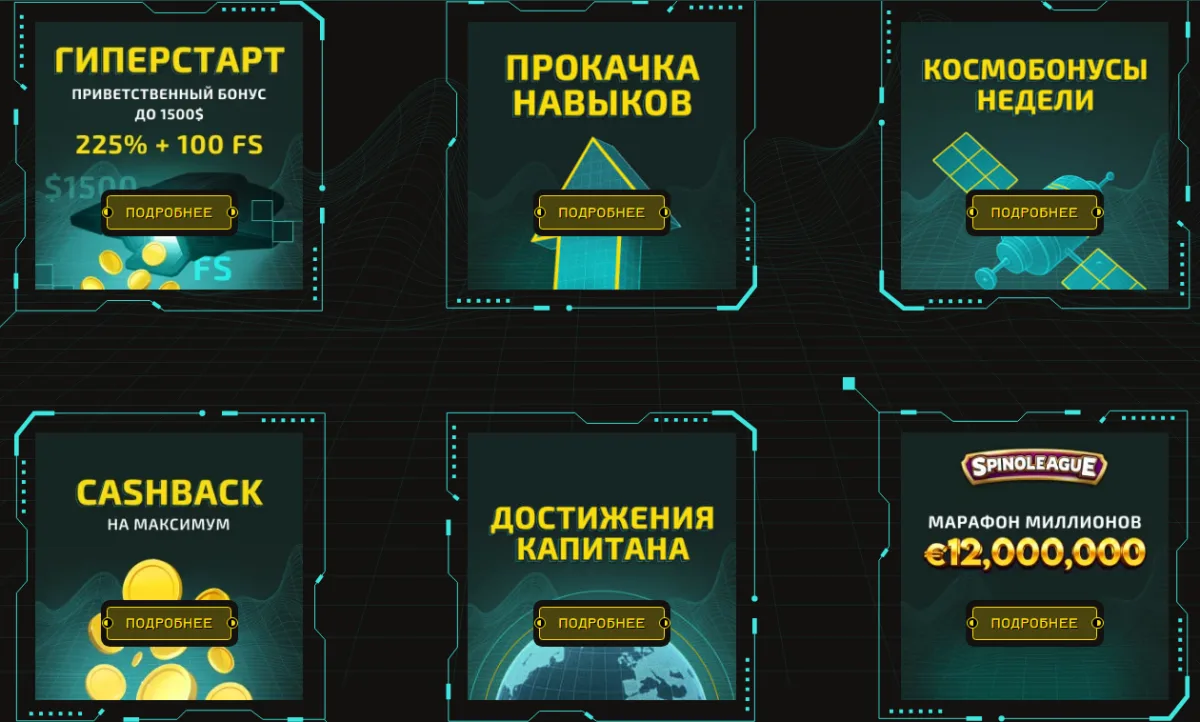 Раздел акций Winity: гиперстарт, прокачка навыков, космобонусы, кэшбэк, достижения и SpinoLeague